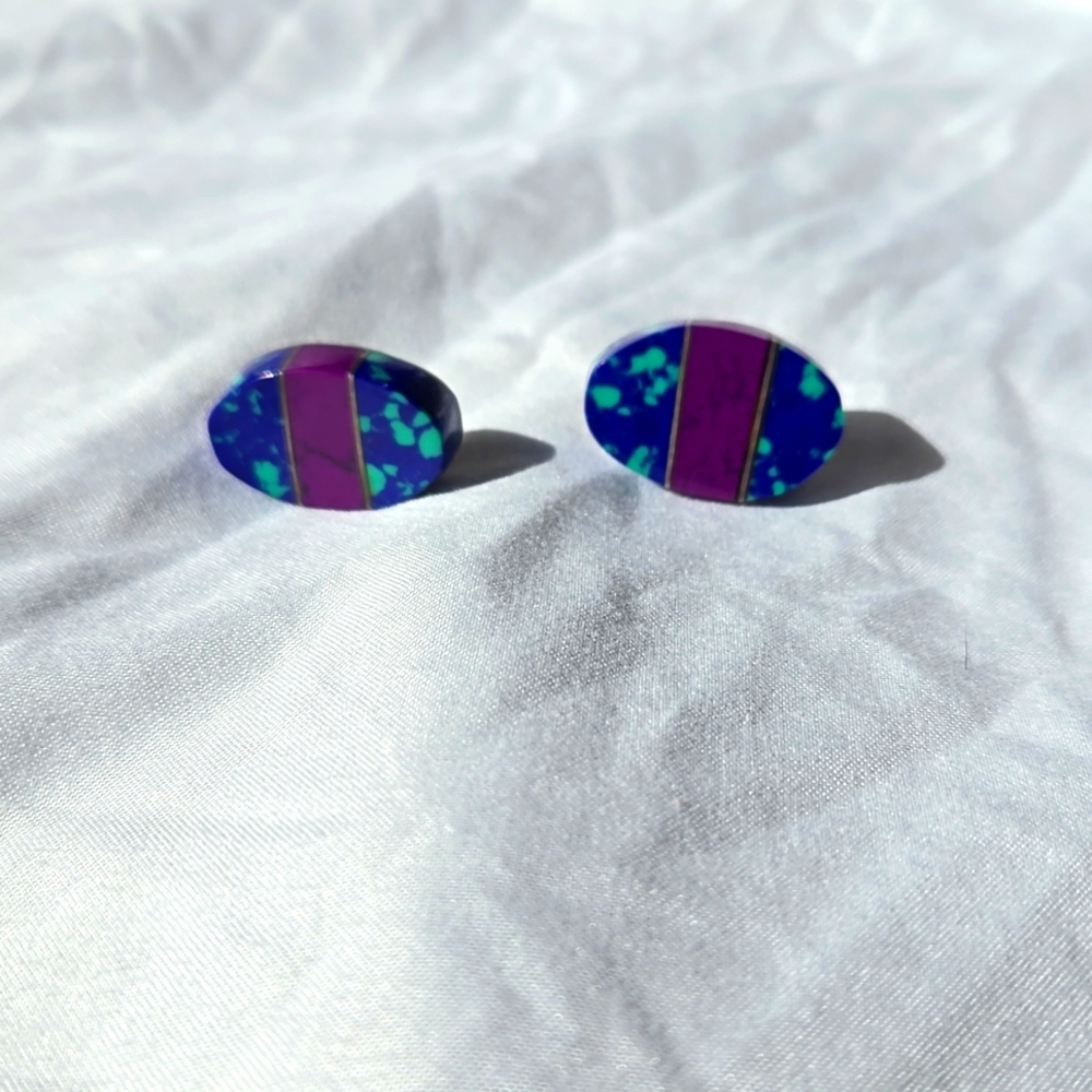 Mexico 925 multicolored stone inlay earrings vintage